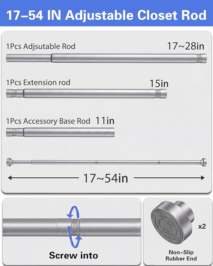 Closet Rod, No Drill Tension Closet Rod for Hanging Clothes, 17-54in,Silver | Quick Tool-Free Install, Non-Slip Rubber Ends Grip Securely, Heavy-Duty Rod Supports Up To 66 lb In Closet, Laundry Rooms, RV