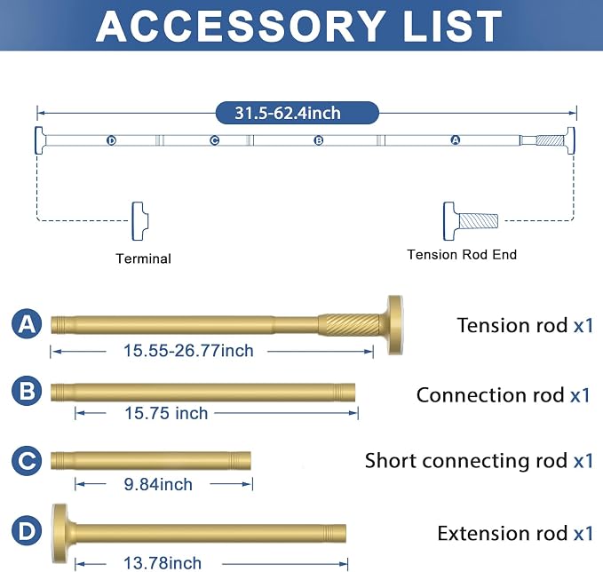 Tension Curtain Rod 32-62Inch Gold Shower Rod Tension Rod Adjustable Curtain Rods no Drilling Tension Rod for Windows,Closets,Doorway