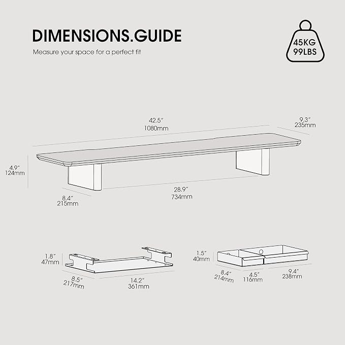 Fenge 42.5" Monitor Stand with Storage Drawers, Minimalist Monitor Riser with Solid Ash Legs and Cable Management, Wooden Desk Shelf for Home Office Workspaces, White