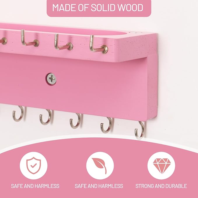 Necklace Holder Organizer Wall Mount,Jewelry Holder Organizer with 30 Hooks,Oak Jewelry Organizer and Storage for Necklaces,Bracelets and Rings (Pink)