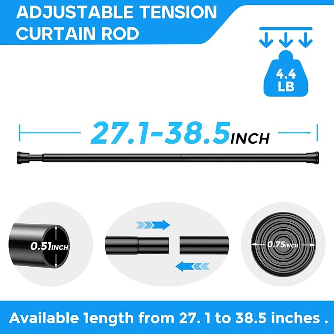 6 Pack Black Spring Tension Curtain Rods 28-38 Inches, Spring Loaded Curtain Rods No Drilling, Adjustable Small Tension Rod for Windows, Kitchen, Doorway, Bathroom, Closet