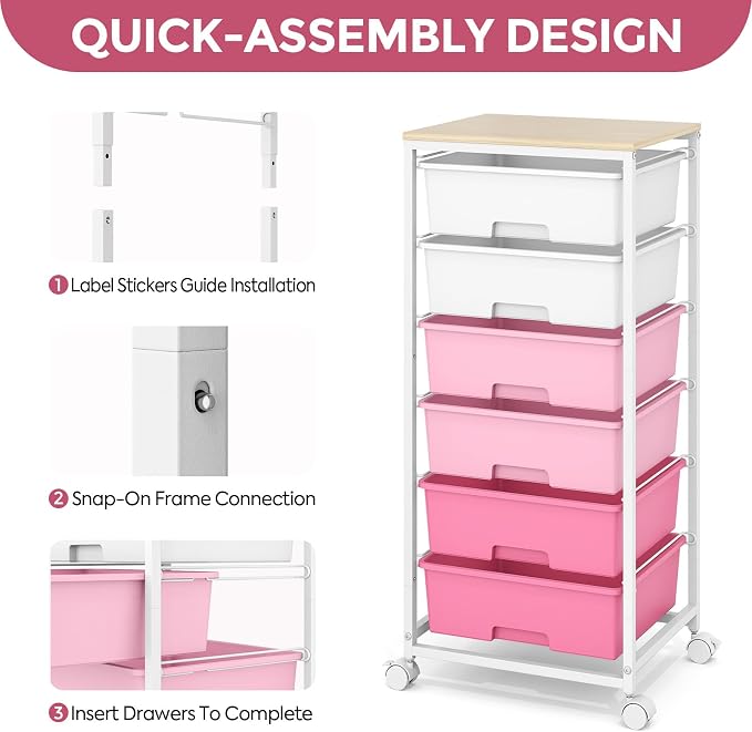 Rolling Storage Cart with 6 Drawers and Wooden Tabletop, Lockable Wheels Utility Cart for Art Studios, Office Supplies & Craft Room Organization (Pink)
