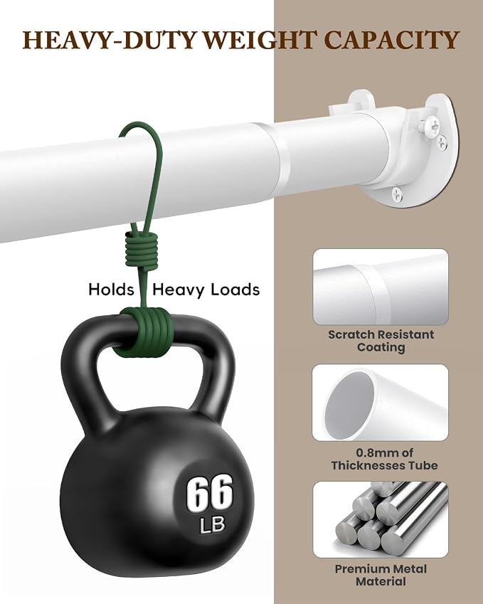 Closet Rod, 17-69 IN Closet Rods for Hanging Clothes, White | Stepless Adjustable, Supports up to 66 lbs, Multiple Size Options, Easy Installation, Multi Purpose, Wall-Mounted
