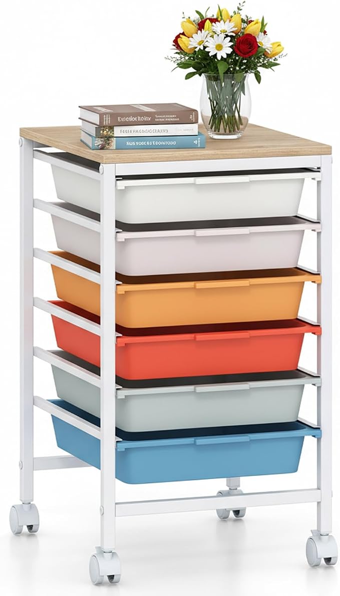 LDAILY Rolling Cart with Drawers, 6 Drawer Rolling Storage Cart with Wooden Tabletop, Metal Frame & Lockable Wheels, Craft Organizers and Storage for Home Office Classroom (Macaron, 6 Drawer)