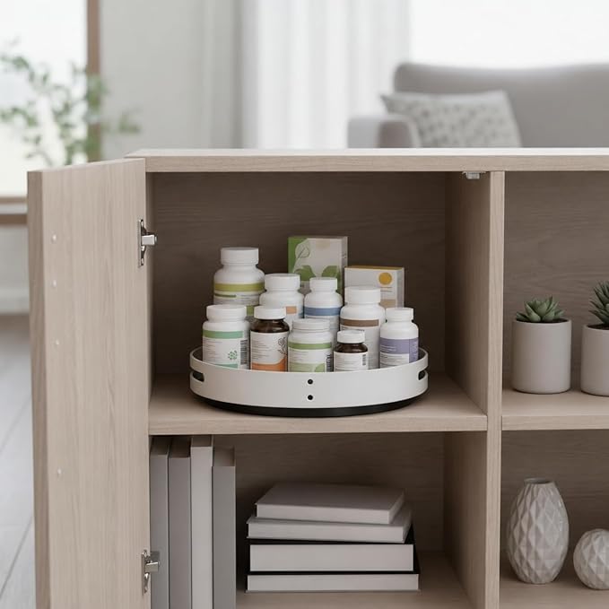 Medicine Cabinet Organizer, Lazy Susan Turntable for Pill Bottles and Vitamin Storage, White Plastic Rotating Tray with Side Grip Openings for Bathroom, Pantry, Vanity