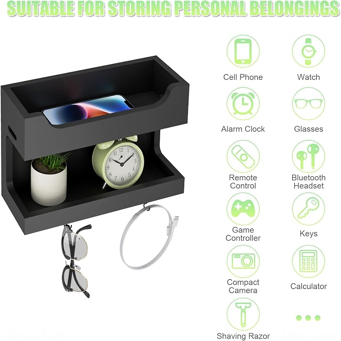 NiHome Bedside Wall Shelf, Wood Organizer, Magnetic Hooks, 2 Tier, Black | Double Layer Tray For Dorm Bedroom, Cable Holes, No Drill Mount RV Wall Caddy, Holds Phone Glasses Remote Clock
