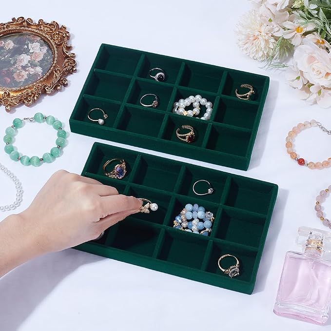 2Pcs Velvet Jewelry Display Trays Stackable Jewelry Organizer Tray Green Bulk 12 Girds Stylish Organizer Trays for Ring Earring Holder Necklace Bracelet Storage Display Dish Women Adults