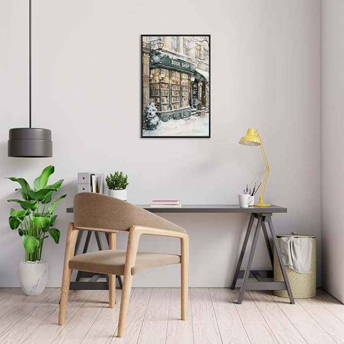 Winter Book Shop New York Book Lover Art Aesthetic Poster Canvas Wall Art Decoration Living Room Home Decor Bedroom Decoration Poster black framed8x12inch