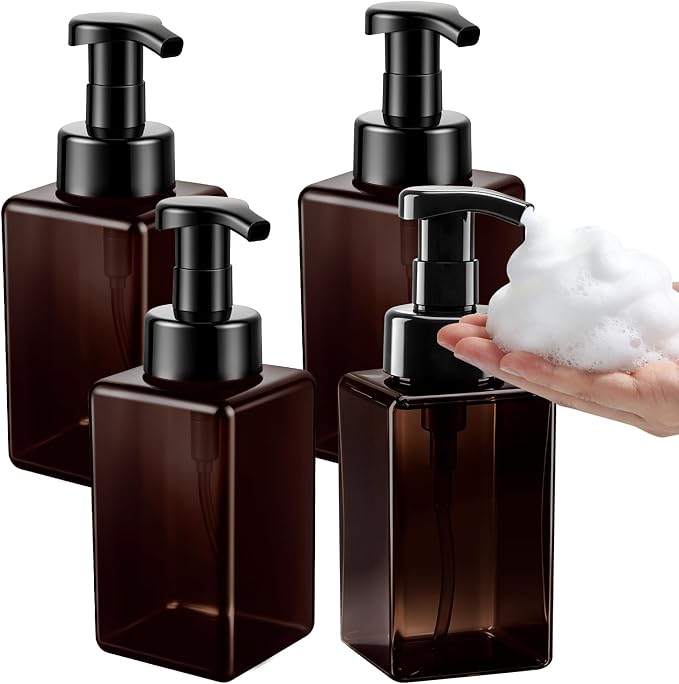 TMLECE 15oz/450ml Square Foaming Soap Dispenser Bottles(4 Pack) | BPA-Free PETG, Glass-Like Appearance, Rich Foam Pump with Leak-Proof Locking Design for Hand Soap, Cleanser & Body Wash,Brown