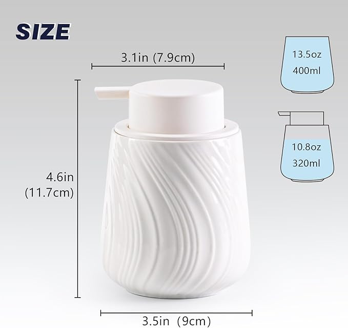 Agyiuns soap Dispenser Ceramic Lotion Dispenser with Easy-to-Press Pump for Bathroom 13.5 oz refillable Liquid Hand soap Dispenser for Hand sanitizers (Liquid-White)