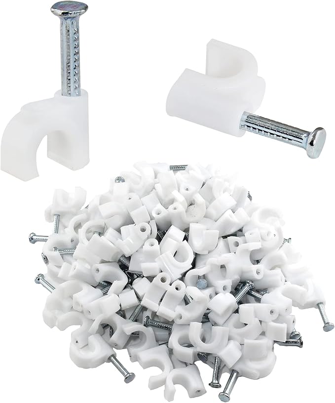 Bonsicoky 6mm White Nail Cable Clips, 100Pcs | Steel Nail, Cable Wire Management, For Ethernet Cable, For Telephone Cable, For TV Wire Cable
