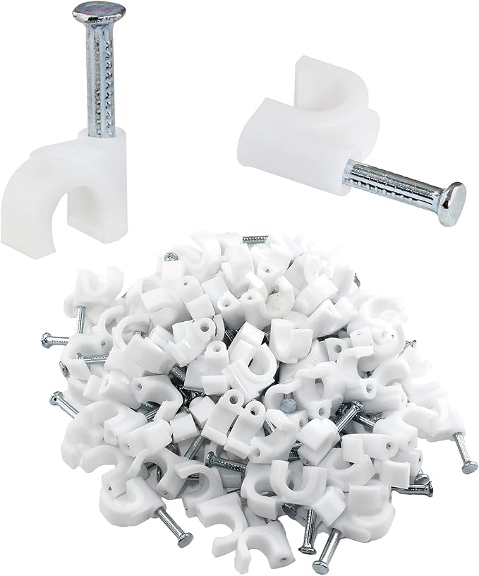 Bonsicoky 6mm White Nail Cable Clips, 100Pcs | Steel Nail, Cable Wire Management, For Ethernet Cable, For Telephone Cable, For TV Wire Cable