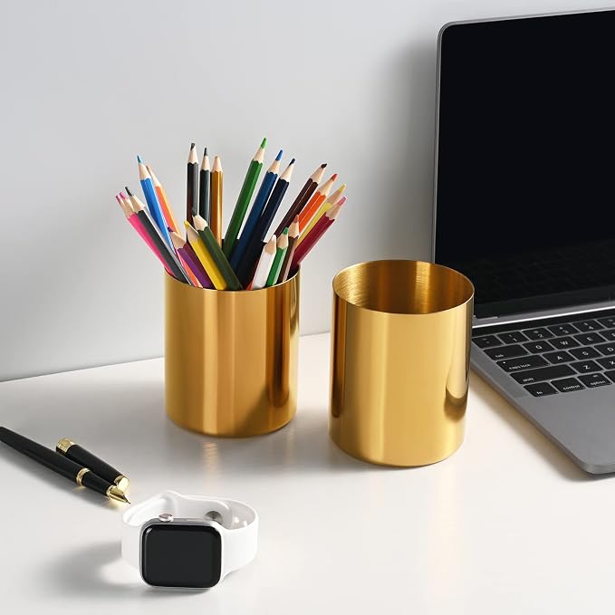 2 Packs Gold Pen Holder for Desk, SUS304 Stainless Steel Pen Organizer for Desk, Pencil Holder,Pencil Cup,Pen Cup,Desktop Stationery Organizer