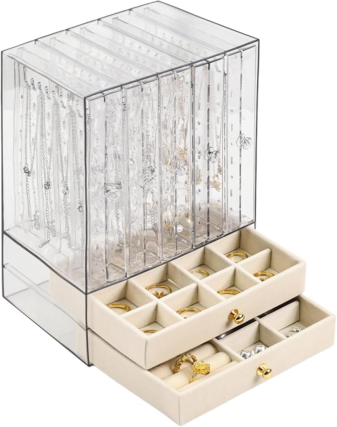 Greenfeather Jewelry Organizers and Storage, Clear Acrylic Jewelry Box with 40 Necklace Hooks 120 Pairs of Earring Holes 2 Velvet-Lined Drawers for Rings Necklaces Earrings