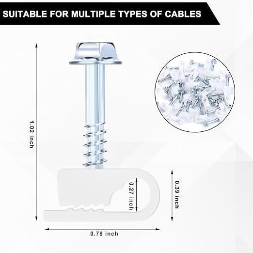 Cable Clips with Screws Fastener 1/4 Inch (6 mm) - All Weather Wire Clips for Coaxial, Ethernet,Electrical Cables,Brick/Stucco Siding Clips, UV-Resistant for Outdoor Wall Mount,50 Pack,White