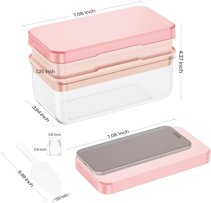 0.8“ Ice Cube Tray with Lid and Bin, PHINOX 56 Cubes Ice Trays for Freezer, Ice Cube Trays for Freezer with 2 trays, Container, Lid & Ice Scoop, BPA Free, Pink(28Cubes/Tier)