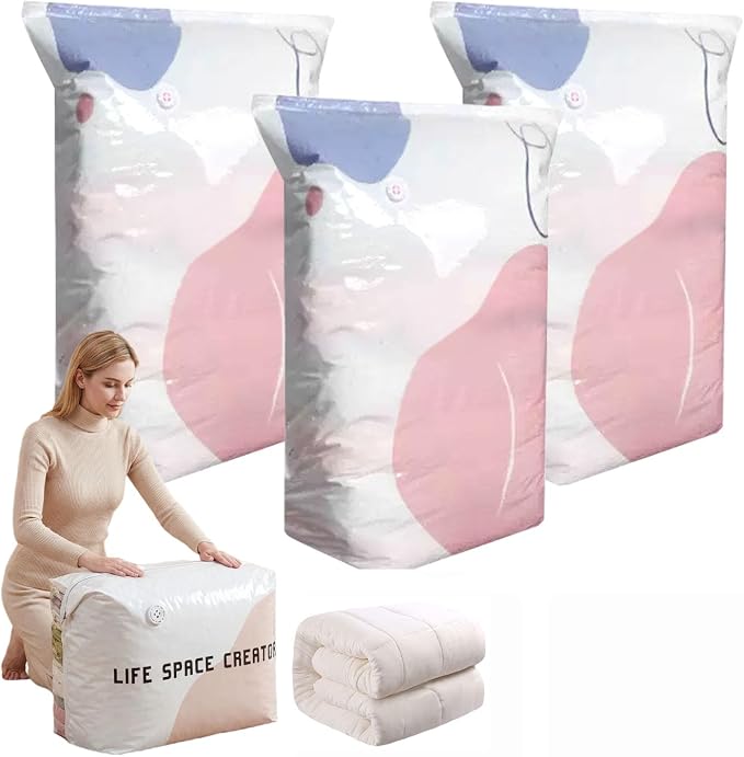 No-Pump Vacuum Storage Bags, Upgrade Large Compression Storage Bags, 3D Standing Upright Design, Pump-Free Press & Seal for Clothes, Comforters, Blankets, Bedding, (3Pack)
