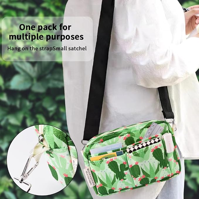 E-WEICHEN Multiple Pockets Portfolio Organizer with Zippered, Makeup Bag Travel Essentials for Women, Simple Waterproof Stationery Pencil Pouch Bag for Journal Office Art Supplies.Green Cactus