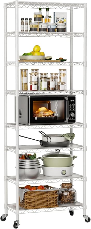 Golpart Shelves Storage Shelf Wire Closet Bathroom Organizers Metal Pantry | 8 tier Kitchen Garage Shelving Unit Laundry Room Organization Home Rack Net Basket Black with Wheels 11.7”D X 22”W X 74.2”H