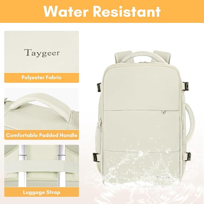 Taygeer Travel Backpack for Women, Carry On Backpack with Shoe Pouch | TSA 15.6" Laptop Back Pack Flight Approved, College Gym Bag Casual Daypack for Weekender Business Hiking, Beige