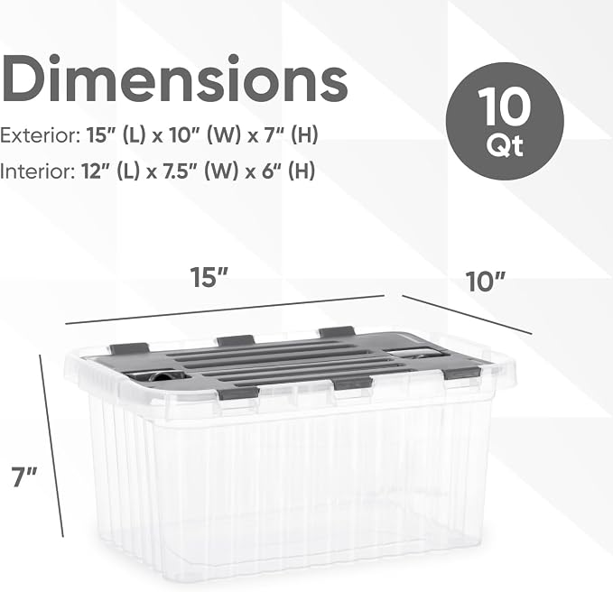 Superio Storage Box with Hinged Lids, Plastic Container Bins for Organizing with Attached Lid, Stackable Crates, BPA Free, Organizers for Home and Dorm, 10.5 Quart (Clear with Grey Lids, 15"x10"x7")