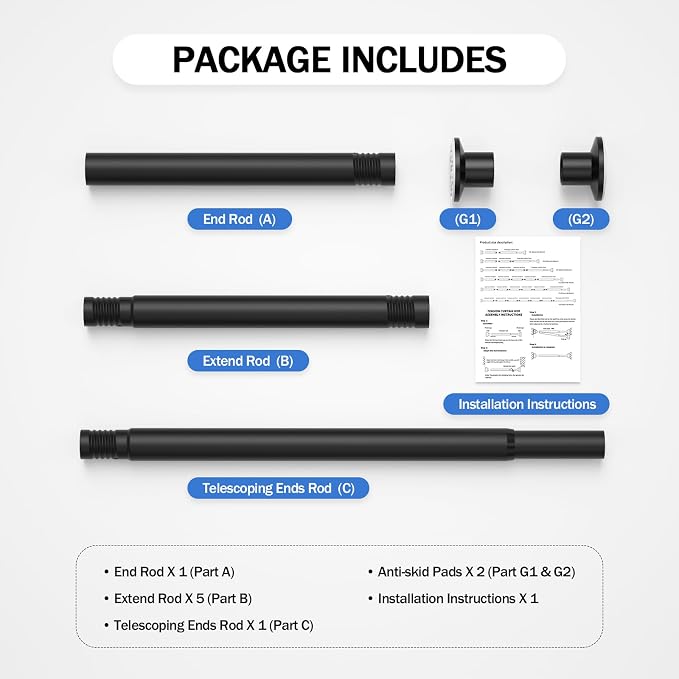 No Drilling Closet Rod, Adjustable Black Closet Rod, 28-98 Inches Heavy-Duty Closet Tension Rods for Hanging Clothes for Wardrobes, Closet, Laundry & Bathroom (Black)