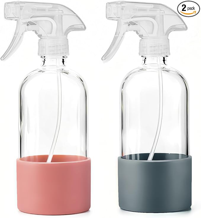 Glass Spray Bottles (2-Pack) with Silicone Sleeve - 16oz Empty Refillable Bottles - Adjustable Nozzle for Hair, Plants, Cleaning & DIY Solutions - Blue & Grey (pink+gray1)