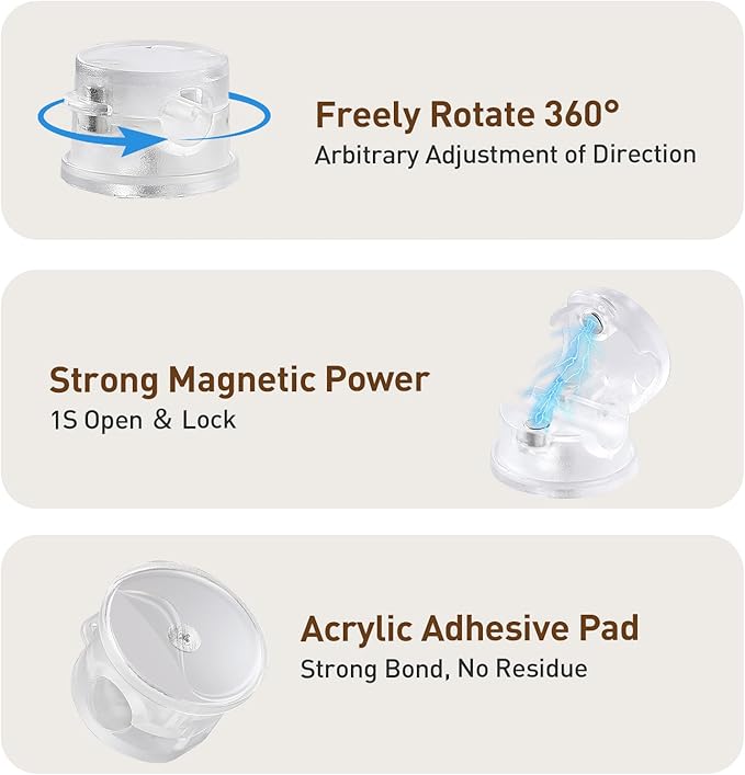 AGPTEK 8 Pack Magnetic Cable Clips, 360° Rotatable Cord Holder, Clear | Cable Holder for Nightstand, Desk Cord Organizer Adhesive Wire Management Home Phone Charging Cords USB Cable Keeper