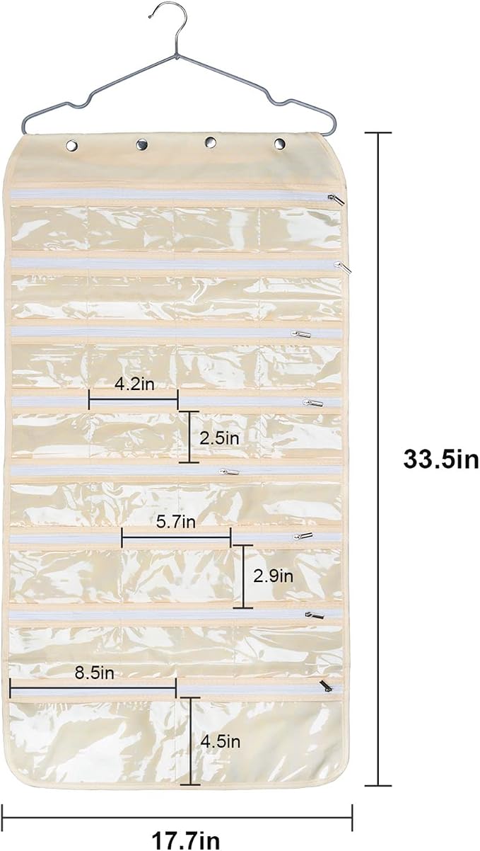 Luney Hanging Jewelry Organizer with Zippers, 56 Pockets Earring Holder Organizer with Pockets for Woman, for Hanging Earrings, Necklaces, Bracelets, Rings, Storage, Closet (Beige)