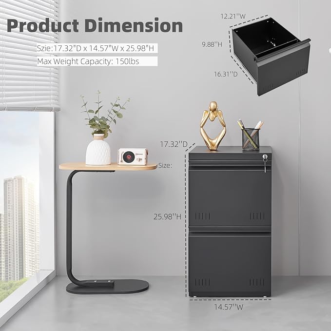 Guizeeopo 2 Drawer File Cabinet with Lock, Vertical File Cabinets for Home Office, Printer Stand, Heavy Duty Steel Office Storage Cabinet for Letter/Legal/A4, Assembly Required(Black)