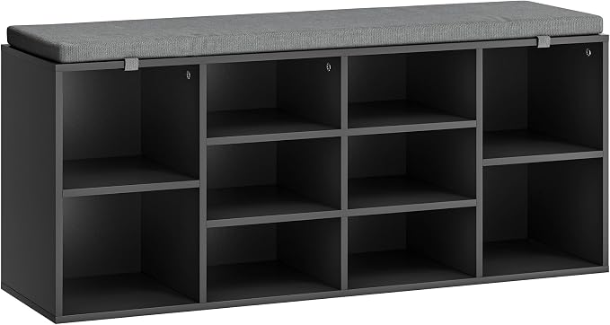 Shoe Storage Bench with Cushion, 41'' Long Entryway Bench with 10 Compartments Shoe Rack, Multifunctional Cubby Storage Organizer for Living Room, Hallway, Bedroom and Closet, Black