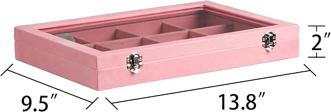 Frebeauty 12 Grid Bracelet Holder Box,Velvet Jewelry Tray with Clear Lid | Real Glass Lid,Bracelet Display,Jewelry Organizer for Bangle Brooch,Adjustable Divider,Dustproof Design,13.8×9.5Inches