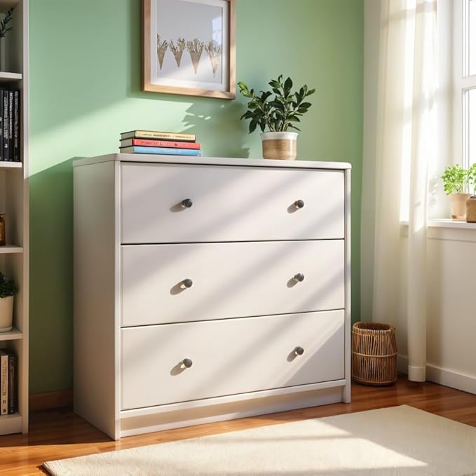Furnifact White 3 Drawer Nightstand - Large Bedside Dresser for Stylish Storage