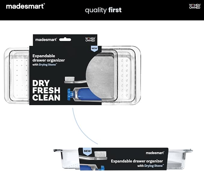 madesmart Expandable Toothbrush Drawer Organizer with Drying Stone, Clear Dental Organizer Tray for Bathroom Drawers, Toothpaste Holder, Dental Floss, Water Flosser and Mouthwash, 12 to 20 Inch