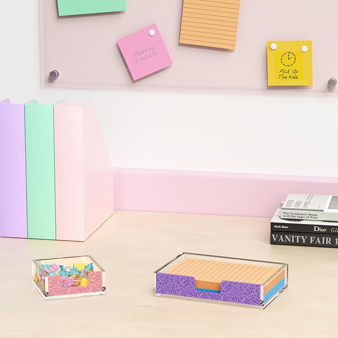Acrylic Notepad Dispenser Organizer - 3 x 3 in Clear and Glitter Pink Sticky Note Holder W/O Pads Memo Holder for Dorm Room School Classroom Office Desk Organizer Aesthetic Supplies