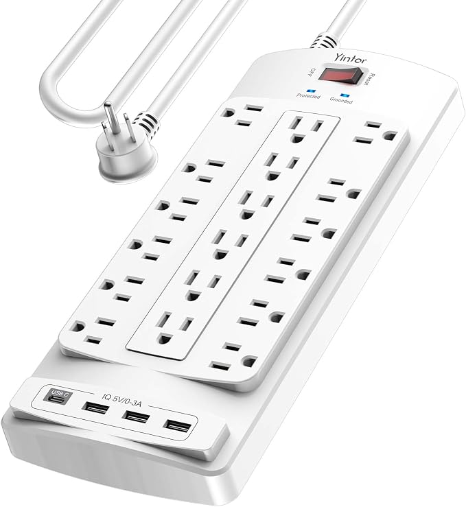 Surge Protector Power Strip, Yintar 10 Feet Flat Plug Heavy Duty Extension Cord with 18 Widely Outlets and 4 USB Ports, 2100 Joules, ETL Listed, White