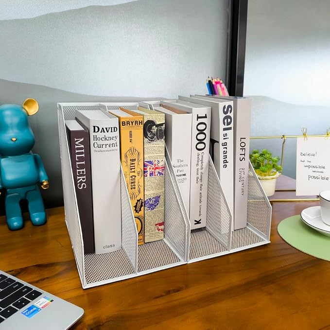 Mesh Magazine File Holder, 2 Pack Set, Desk Organizer | Sturdy metal mesh file holder. 2 compartments for magazines, documents. Desktop storage for office & home. White.