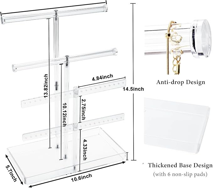 4-Tier Acrylic Jewelry Organizer Stand with Tray, 14.5" Tall Tangle-Free Clear Jewelry Display Holder for Hanging Large Necklace Bracelets Earring, Tower Tray Storage for Rings Watch Perfum