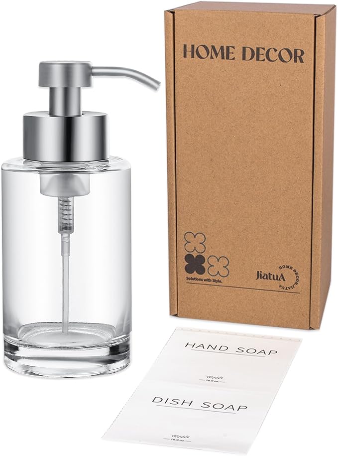 Glass Foaming Soap Dispenser Set with 304 Stainless Steel Pump 12oz Clear | Rust Proof Silver Pump, Sturdy, Empty Foam Bottle with Waterproof Labels for Bathroom Decor Kitchen Colleage Dorm