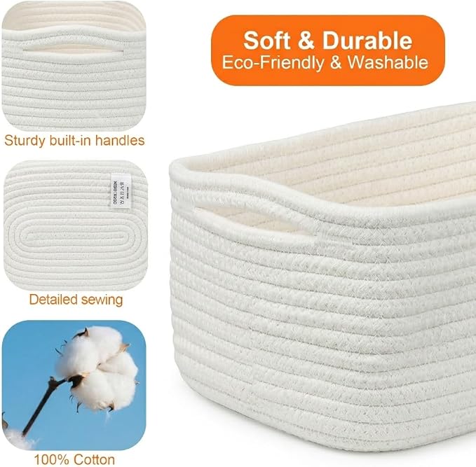 Small Storage Baskets for Organizing, Woven Storage Bins for Shelves, Gift Basket Empty, Cute Decorative Closet Organizer, Baby Rope Basket, Dog Toy Storage, 13.2x8.2x5.2”, 3Packs White