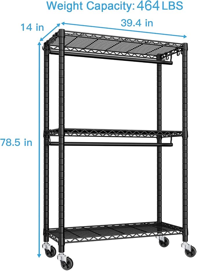 FUTASSI P3 Rolling Clothes Rack, Clothing Racks for Hanging Clothes, Heavy Duty Garment Rack with Wheels, Freestanding Portable Closet Racks 39.4'' W x 14'' D x 78.5'' H, Max Load 470 LBS, Black