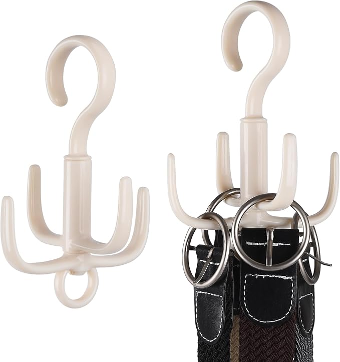 Space-Saving Tie Hanger, Small Space Storage and Organizer, 2 Piece Set, 360° Rotatable Portable Closet Organizers for Belt, Scarf, Bras, Tank top, Purses Etc(Beige)