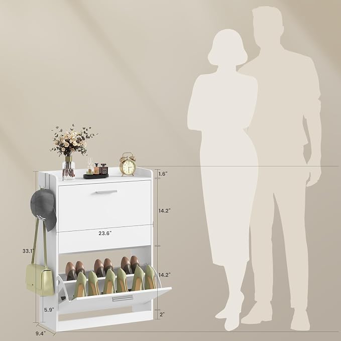 Shoe Cabinet Organizer with 2 Flip Drawers & 2-Tier Adjustable Shelves, Freestanding Shoe Rack Cabinet, Narrow Shoe Storage for Entryway, Foyer, Hallway, 23.6" W × 8.7" D × 33.1" H, White