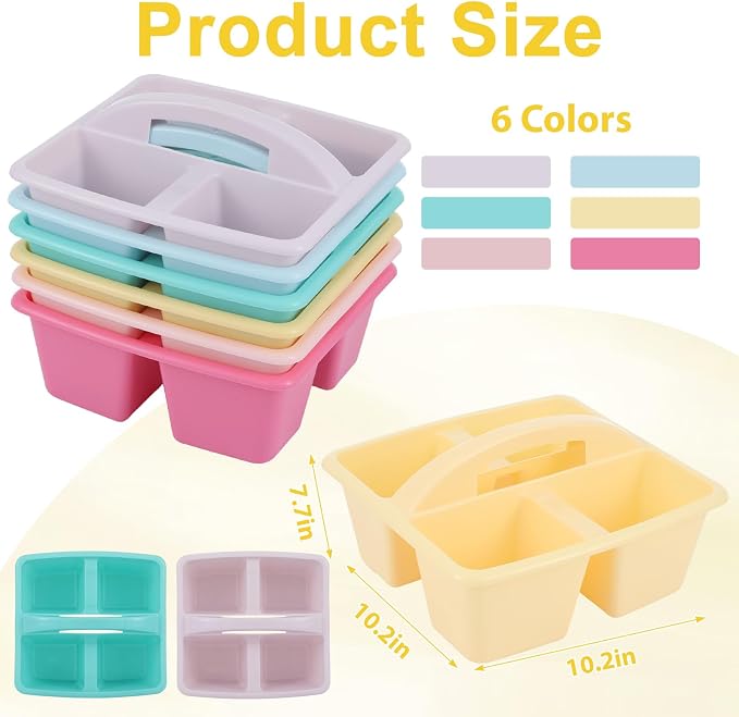 6 Pack Assorted Colors Classrooms Caddy 4 Compartment Classroom Caddy Compartment Caddies Set Table Caddies Classrooms with Handle for Classroom Organization Table Desk Office Supplies(Pink Purple)