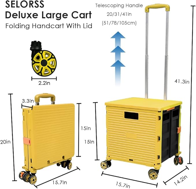 SELORSS Foldable Utility Cart Portable Collapsible Crate Rolling Carts with Wheels Rolling Tote Basket Teacher Cart with Lid Wear-Resistant 360°Rotate Wheel Noiseless for Shopping Storage Office Use
