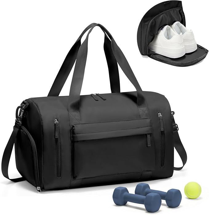 Gym Bag for Women,Travel Duffel Bag with Shoes Compartment Personal Item Carry On Overnight Bag for Mens Weekender Bag Training Handbag Sports Gym Tote Bag Yoga Bag Black