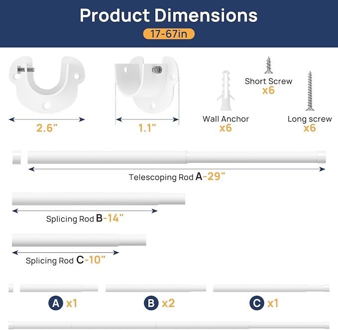 ENJOYBASICS Closet Rods for Hanging Clothes, 17 to 67 Inches Stepless Adjustable Closet Pole, 1.3 Inches Heavy Duty Clothes Rod for Wardrobes, Bathroom, Laundry and Windows, White