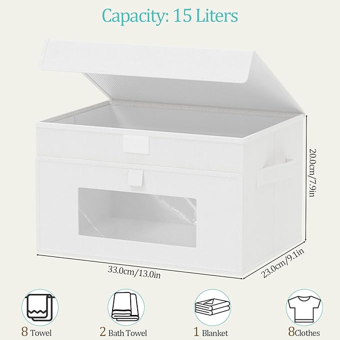 Transparent Window Storage Bin, Cube Organizer Basket with Flip-Top Lid and 2 Handles, Decorative Boxes with Cover, 4 Pack, White, 13 x 9 x 7.9 In, XSNY17WM-4