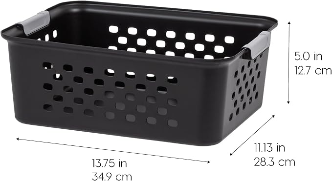 IRIS USA 6-Pack, Small Plastic Storage Basket, Black | Organize pantry items, office supplies, crafts, accessories, and household essentials with easy-carry storage for shelves