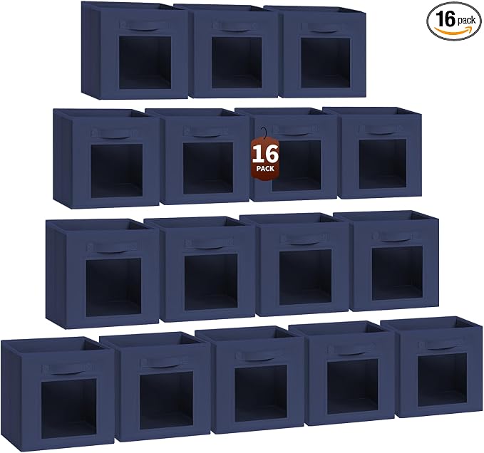 Homsorout Storage Cube 11 Inch - Cube Storage Bins with Window, Closet Storage Baskets with Handle, Fabric Bins for Closet, Shelves, Toys, Clothes, Set of 16, Navy Blue